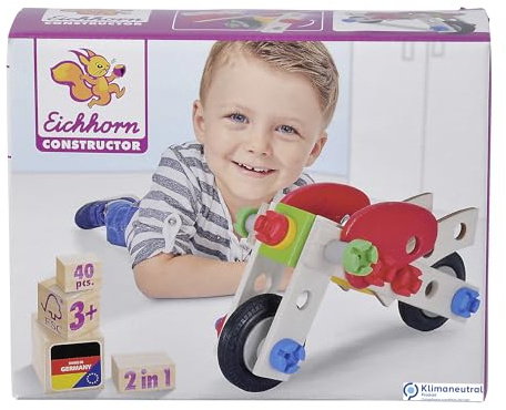 Eichhorn 100039012 - Constructor Motorrad, 40-TLG., Holz-Konstruktions-Set, 2 Verschiedene Modellvarianten baubar, FSC 100% Zertifiziertes Buchenholz, Made in Germany Bunt