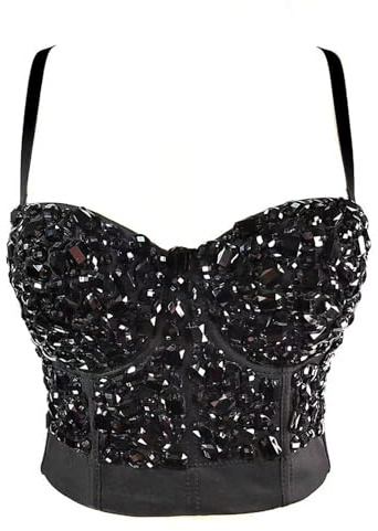 Woboren Damen Strass Diamant Push Up Bustier Crop Top Gothic Punk Korsett Clubwear Party BH Bluse Tops