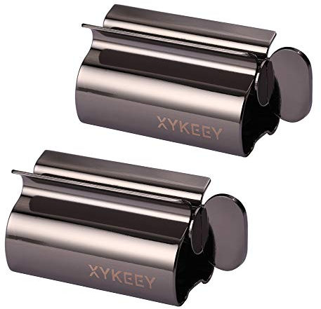 XYKEEY Toothpaste Tube Squeezer - Set of 2 Toothpaste Squeezer Rollers, Metal Toothpaste Tube Wringer Seat Holder Stand (Black)