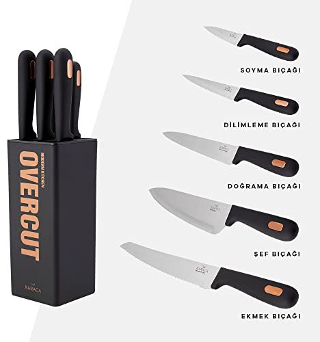 Karaca Overcut 6-Piece Black Knife Set with Block, Stainless Steel Kitchen Knives Sets with Ergonomic Handles, Includes Chef's, Carving, Bread, Utility, Paring Knives & Stand