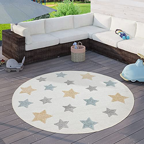 Paco Home Kinderteppich Kinderzimmer Outdoor Teppich Rund Spielteppich Junge Mädchen, Grösse:120 cm Rund, Farbe:Creme