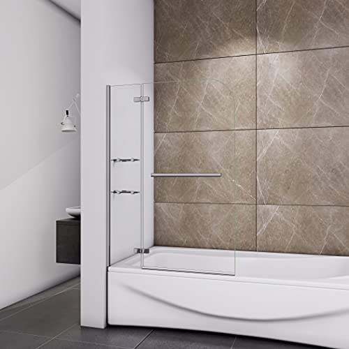 Acezanble Pare-baignoire 120x140cm avec les étagères, porte-serviette，5mm verre trempé transparent，pare de douche pivotant