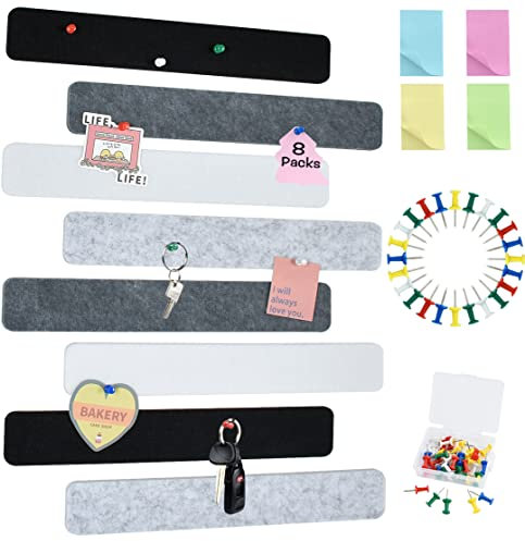 Vuzvuv 8 Stück schwarz-weiß-graue Pinnwand Bar Streifen Korkplatte,Kleine Filz Pinnwand selbstklebend mit Pushpins und Holzclips für Foto