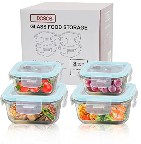 ROSOS Glass Food Storage Container Set with Airtight Lids - Leak Proof, Not Easy Broken & BPA Free - Freezer to Oven Safe, 4 Pack, Blue