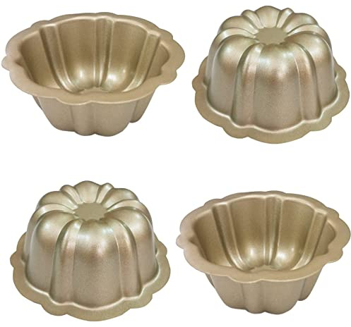 MGGi 4 Pack Mini Cake Pan, 4 Inch Nonstick Fluted Tube Cake Pans, Black Carbon Steel Fluted Cake Mini Oven Baking Mold Metal Round Pumpkin Shaped Cake Mould for Cupcake,Muffin,Brownie,Pudding - Gold