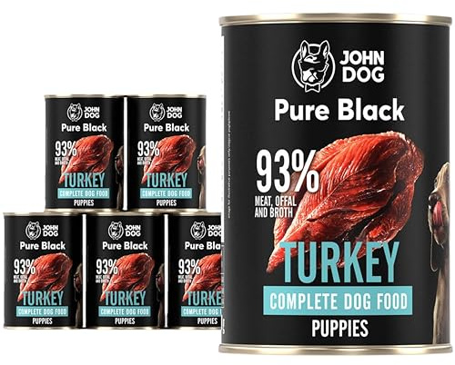 JOHN DOG Hundenassfutter Pure Black Truthahn - Premium Getreidefreies Nassfutter mit 93% Fleisch - Monoprotein Hundefutter für Welpen 6 x 400g