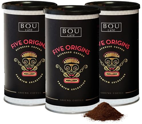 Café BOU - Molido Five Origins 100% Arábica | 3 Botes x170g | Notas chocolate almendra y melocotón, ideal espresso, tueste medio-alto