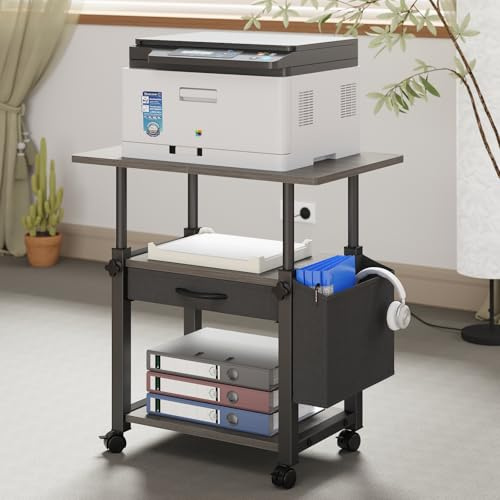 YAOHUOO 22x15 Large Printer Stand with Drawer and-side Bag, Adjustable 3-Tier Printer Cart for Home Office, Rolling Printer Stand Fit Heat Press/Laser/3D Printer (Grey)