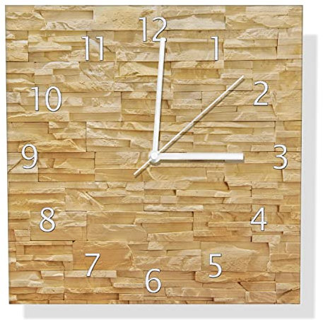 Wallario Design Wanduhr Steinwand gelb-orange aus Aluverbund, Alu-Uhr Größe 30 x 30 cm, weiße Zeiger mit Metalloptik