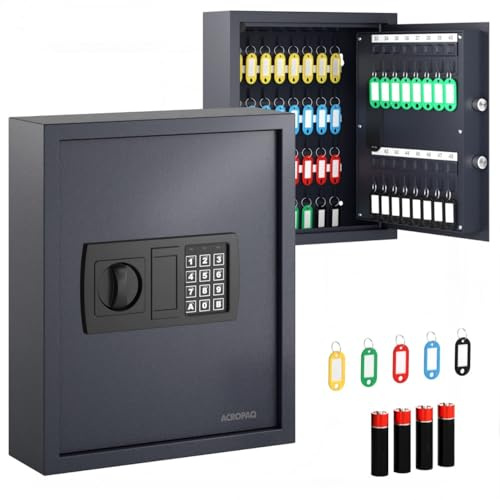 ACROPAQ Schlüsselschrank mit Zahlencode - Für bis zu 48 Schlüssel, Inkl. 48 Anhänger, Mit elektronischer Sicherung, Schwarz - Schlüsselkasten groß, Schlüsselsafe mit Code, Schlüsseltresor