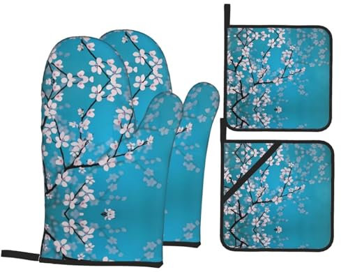 Trukd Gants de cuisine motif fleurs de cerisier japonais - 2 gants et 2 maniques - Résistants à la chaleur - Pour cuisine, micro-ondes, barbecue