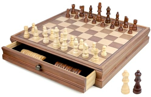 Gesserit 15 Schachbrett aus Holz mit eingebauter Aufbewahrungsschublade, 2-in-1 Schach- und Dame-Brettspiele für Erwachsene und Kinder