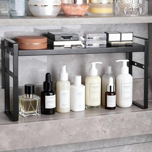 EAROND Expandable Narrow Medicine Cabinet Organizer Shelves Wide 3.58”,Metal Counter Storage Shelf Stand with Adjustable Layer and Non-Slip Pads for Cabinet,Kitchen,Pantry Small Space-Black