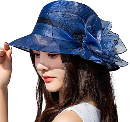 Organzahut Damen Sonnenhut Blumen Sommerhut Frauenorganza Hut Strandhut Sonnenschutz, Elegante Party Hut Netz Organzahut Kopfschmuck Braut Hochzeit Sonnenhüte Bowler Hut Fascinator (Blue, One Size)