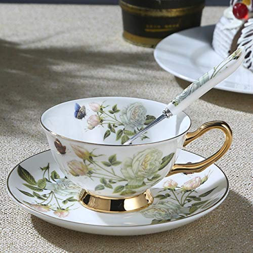 GaRcan Porzellan-Teeservice im europäischen Stil, Bone China-Kaffeetasse und Untertasse, Kaffeetassen-Set, englische Nachmittagstee-Tasse mit Einer Vielzahl von Stilen (weiße Rose)