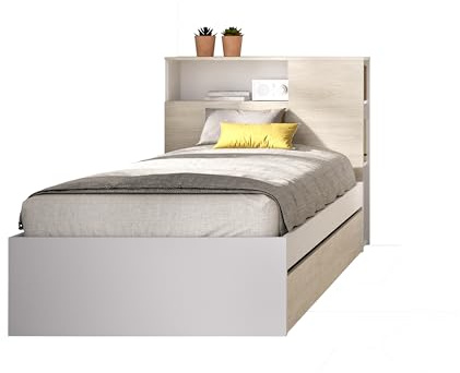 DEKIT GRUPO RIMOBEL TEN - Cama con almacenaje en cabezal y aro de cama 90X190 con arrastre - BLANCO / NATURAL - 96 x 99 x 218,2