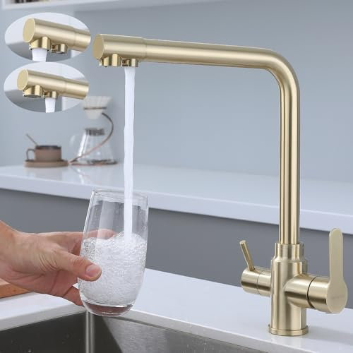 SkyPanda Grifo de cocina de 3 vías para agua potable, dorado, con doble palanca, sistema de infiltración 3 en 1, mezclador giratorio de 360°, con 2 salidas, acero inoxidable 304, dorado cepillado