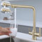 SkyPanda Grifo de cocina de 3 vías para agua potable, dorado, con doble palanca, sistema de infiltración 3 en 1, mezclador giratorio de 360°, con 2 salidas, acero inoxidable 304, dorado cepillado