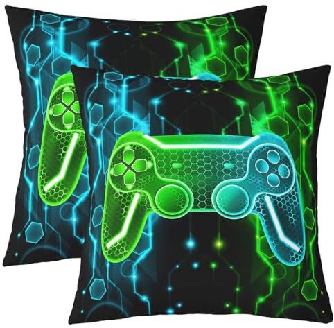 Homemissing Children's Gamer Cushion Covers 45 x 45 cm Game Controller Cushion Cover for Boys Gaming Gifts Set of 2 Cushion Covers Gamepad Pattern Green Teal Blue Decorative Cushion