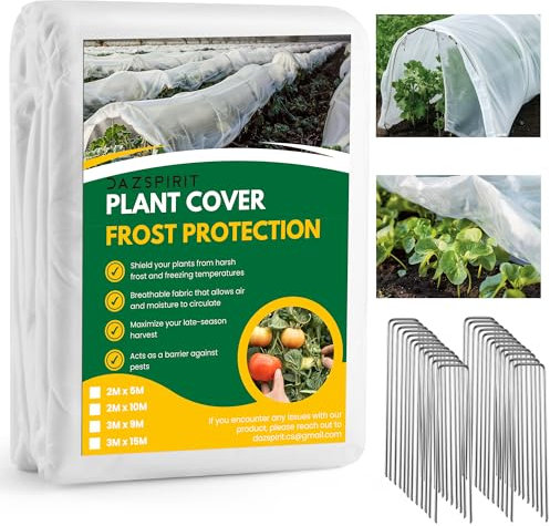 DazSpirit Wintervlies für Pflanzen 35g/m², 3 x 9 m Gartenvlies Frostschutz mit 25 Erdnägeln, Abdeckvlies für Winterschutz, Pflanzenschutz gegen Frost, und Vögel, Ideal für Hochbeet, Gewächshaus
