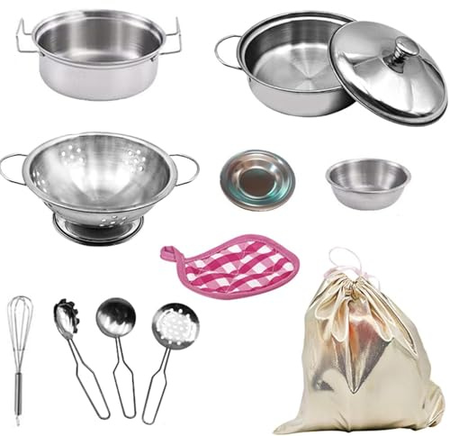 ZPZGOG Toy Pots and Pans Set,11 PCS Kitchen Toy Children Pots Pans Pretend Play with Bag Simulated Kitchen Toy Stainless Steel Soup Pot Pan Shovel Spoon Children Chef Role Playset Cooking Set