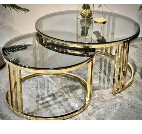 Quality and price Furniture Luna Nesting Coffee Table Set, 2-Piece, Tempered Glass with Black Gloss Top, Gold/Silver Chrome Frame, Large: 80cm x 44cm, Small: 60cm x 38cm (Gold frame)