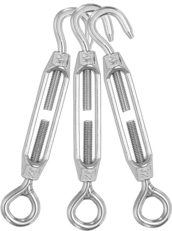 sourcing map M4 Hook and Eye Turnbuckles for Cable Wire Rope Tension, 304 Stainless Steel Turnbuckle Adjustable for Shade Sail String Light Hanging Pack of 3