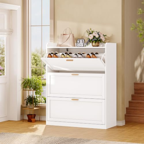 KIMENICH Schuhschrank mit 3 Klappen, Schuhkipper Schmal, Trennwand Verstellbar, für 16-24 Paar Schuhe, Flur, Portale, 24 x 80 x 121 cm, Weiß