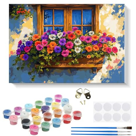 RICUVED Pintar por Números Flor 20x30cm para Adultos con Marco de Madera -Flor Kit Completo de Pintura al Óleo, Pinceles y Lienzo para Crear y Decorar Tu Propio Cuadro