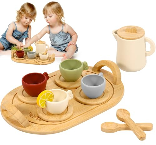 Wooden Tea Set for Toddlers 14pcs Wooden Tea Party Toy with Silicone Teapot Cups Simulation Afternoon Tea Kit Creative Role Play Kids Interactive Toy Set for 3 4 5 6 Year Old Girl Birthday Gift(14pcs)