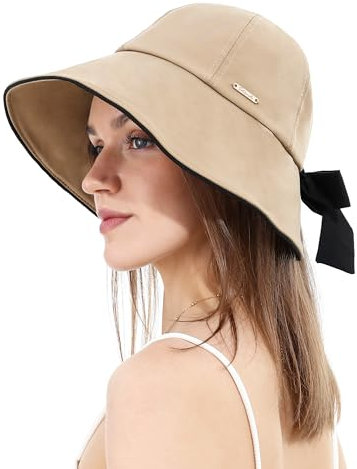 sy soul young Damen Sonnenhut mit Löcher in den Pferdeschwänzen Schleife Ultrabrempe UPF 50+ wasserabweisend faltbar Strandhut(Khaki)