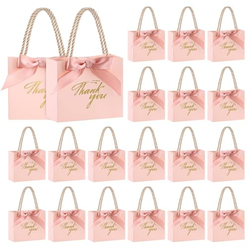 Ktxaby 20 Stück Geschenktüten mit Henkel und Schleife Rosa Papiertüten Mini Party Gunsttüten für Geburtstag Hochzeit Partydekoration Geschenkverpackung (14x6x12cm)