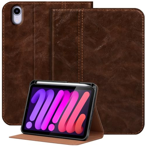 NANRUIL Hülle für iPad mini 7.Gen (A17 Pro)/iPad mini 6.Gen 8,3″ 2024/2021 | Echtes Leder Huelle,Tablet Schutzhülle Case Cover,mit Stifthalter und Auto Wachen/Schlafen.Dunkelbraun