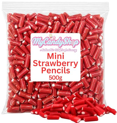 Mini Strawberry Pencils Sweets Bag 500g - Red & White Filled Cables Candy | Fun Surprise for Kids & Adults – Soft Strawberry Laces, Pencil Tubes Pick and Mix Sweets for Sharing & Gifting
