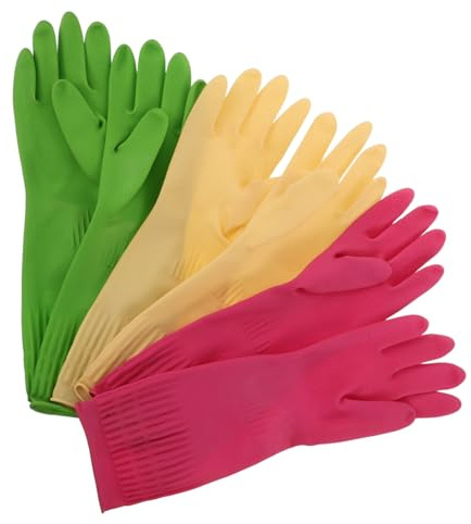 VICASKY 3 Pairs Reusable Latex Dishwashing Gloves with Non Slip Textured Grip Thickened Kitchen Cleaning Gloves with Extended Splash Guard for Household Chores