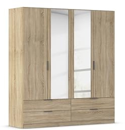 Rauch Möbel LAGOA, Kleiderschrank, Farbe Eiche Sonoma, Breite 181 cm | Schrank, 4-türig, Spiegel, 4 Schubladen, Zubehör Basic, für Schlafzimmer, Kinderzimmer, Babyzimmer, Garderobe
