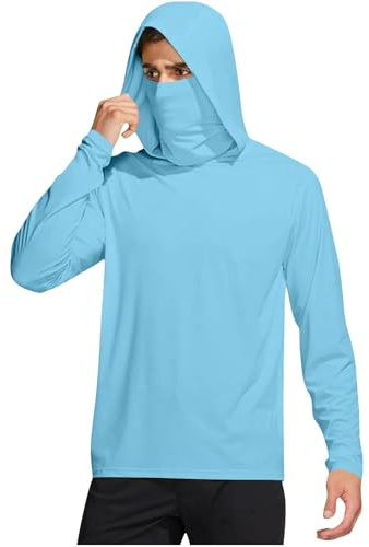 Chemise de protection solaire pour homme avec masque – Indice UPF 50+, rashguard UV à manches longues, design léger à capuche, idéal pour la pêche et la randonnée, 1b-bleu clair, M