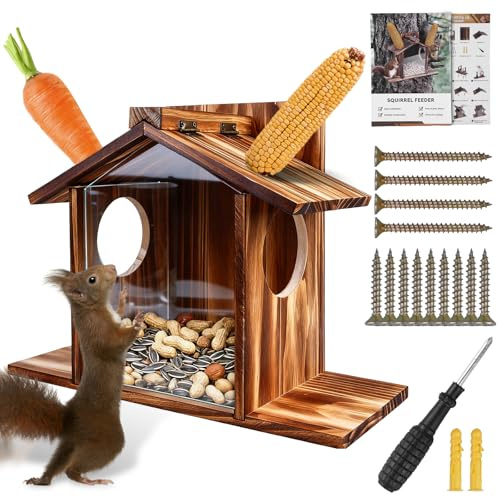 Maison de Nourriture pour Écureuils Résistante aux Intempéries en Bois avec Finition à l’Huile de Lin, Trous de Ventilation et Grande Station d’Alimentation – Nichoir & Mangeoire pour Écureuils