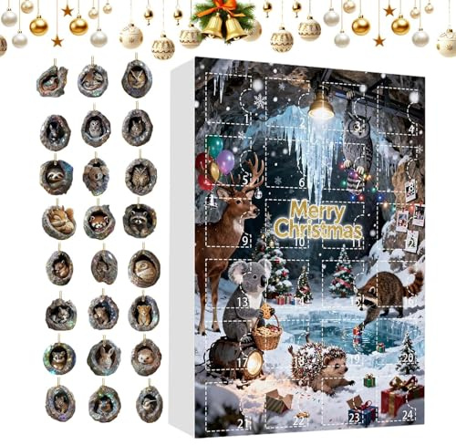 Calendrier de l'Avent Animalier 2025-24 Jours Calendrier De L'Avent Acrylique 2D À Trous D'Arbre - Charme Pour Rétroviseur Animal - pour Fête Porte d'Entrée Rétroviseur Balcon