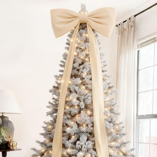 Fiocco Albero di Natale, Fiocco Velluto per Albero di Natale, Fioccos Gigante per Alberos di Natales, Ornamento Grande in Velluto Pre-legato, Decorazione per Ghirlanda, Parete, Stanza, Scala (Beige)