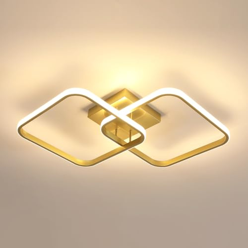 Plafoniera LED Soffitto Quadrato, 42W 64CM Lampada LED Soffitto Interni Luce Calda 3000K, Lampadario LED Moderna 2 Tubi Quadrati in Acrilico per Camera da Letto, Soggiorno e Cucina, Oro