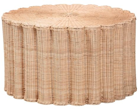 Bali & pari Kensley Natural Rattan Coffee Table – Handwoven Wicker Round Accent Table with Scalloped Silhouette, Boho Coastal Style Decor for Living Rooms or Lounges