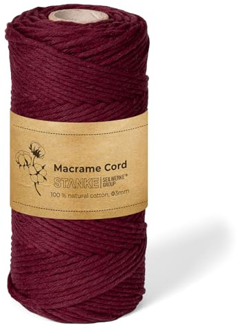 STANKE Hilo macrame 3mm 100m color Burdeos - Cuerda algodon para boho DIY, cestas, atrapasueños - Cordon de algodon para guirnaldas, posavasos, bolsos - 100% algodon, retorcido, suave, bobina grande