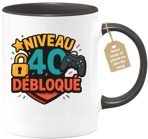 quotedazur Café-Croissant - Mug Personnalisable Texte Photo Humour Anniversaire 40 Ans Gamer Niveau Level Débloqué - Cadeau Noël Original Quarantenaire Homme Geek Tasse 1986 - Noir/céramique