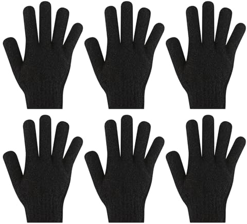 6Pcs Exfoliating Gloves - Bamboo Shower Gloves - Bath and Body Exfoliator Mitts - Scrubs Away Ingrown Hair and Dead Skin - for Shower, Spa and Massage Cell Remover Loofah - Deep Black
