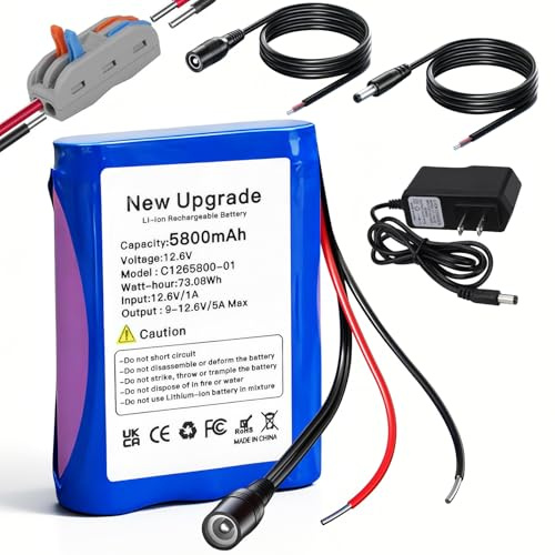 Batterie lithium-ion 12,6 V 5800 mAh avec chargeur et 2 lignes de connexion pour panneau solaire, radio, caméscope, orgue électronique, lampe de lecture DIY, télescopes, sonar, outil de signalisation