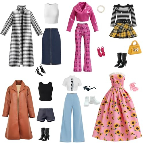 21 st dockkläder set för 21 tum dockor, houndstooth trenchcoat outfit, brun läderjacka shorts set, Y2K klänning, solros axelbandslös maxiklänning, elegant modern docktillbehör, present till flickor