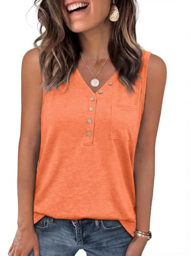 Aottori Camiseta Mujer sin Mangas para Verano Botones Frontales Cuello en V | Ajuste Suelto, Tejido Elástico, Tacto Suave, Estilo Casual, Acabado Liso, para Uso Casual, Uso Diario