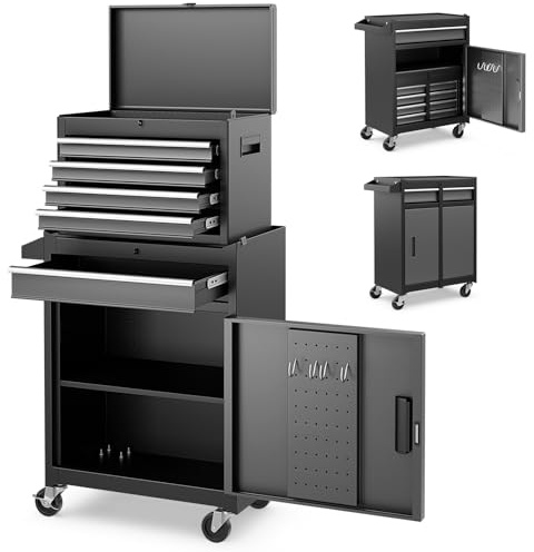 GiantexUK Tool Cabinet, 2 in 1 Lockable Metal Tool Chest with Removable Top Cabinet, Wheels, 5/6 Drawers, Pegboard & Hooks, Heavy-duty Rolling Tool Box Trolley (with Adjustable Shelf, Black+Grey)