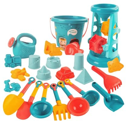 Kalttoy 23-teiliges Strandspielset für Kinder, einschließlich Sandformen, Tragetasche mit Wasser Abenteuerfahrzeug Themen, sichere Sandformen für Herrenhäuser aus Kunststoff